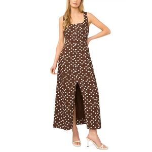 Halogen Polka Dot Maxi Dress Square Neck Brown White M Retro Coastal Romantic